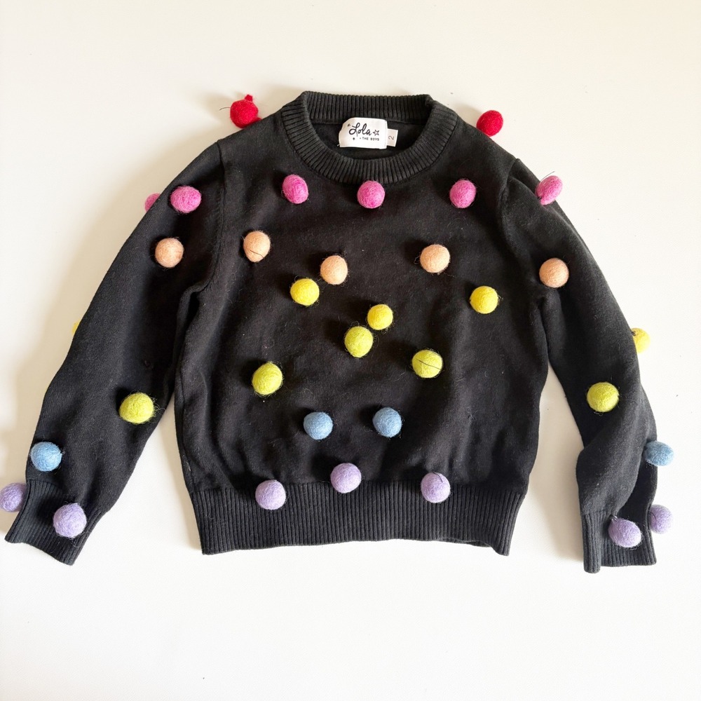 Lola + The Boys Girls Black Rainbow Pom-Pom Whimsical Knit Sweater Size 2